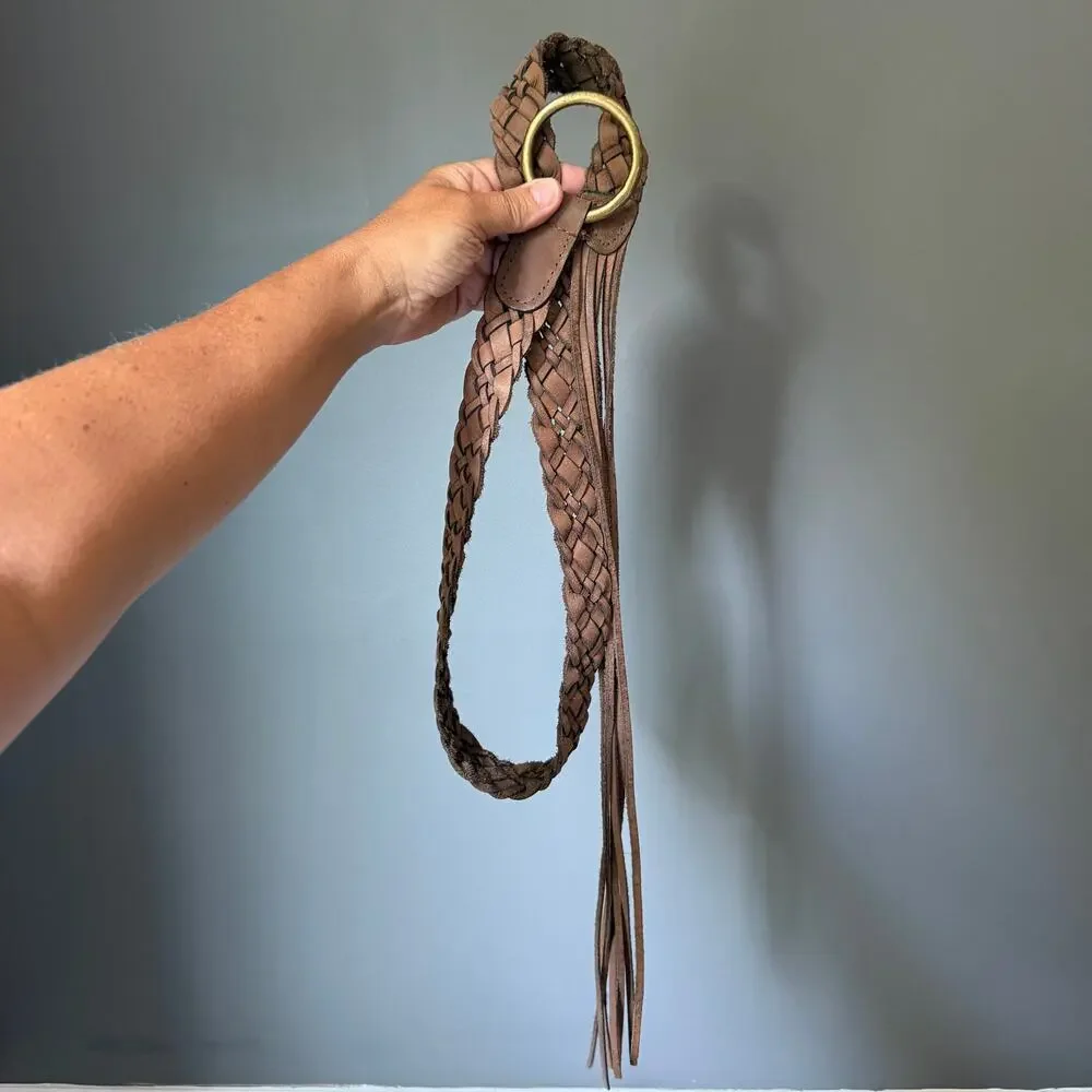Vintage Braided Leather Cinch Belt Brown O Ring Boho Western Size M